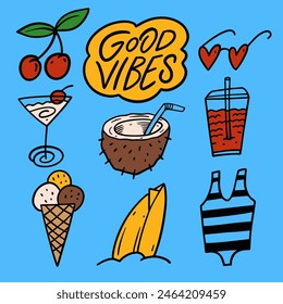 Doodles con temática veraniega con vibraciones positivas, bebidas refrescantes, helados y Elementos de surf bajo el cálido sol