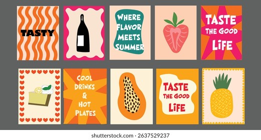 Summer-themed food banner for restaurant use, featuring juicy tomatoes, broccoli, pomegranate, and pineapple. Includes fun food phrases and a bright color scheme.