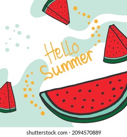 Summer-themed Hand-Drawn Lettering: Vibrant 'Hello Summer' typography paired with a watermelon slice illustration. Ideal for seasonal designs, posters, and cheerful backgrounds.