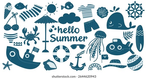Summer-themed illustration featuring beach elements, marine life, and seasonal activities in a playful design. Vector