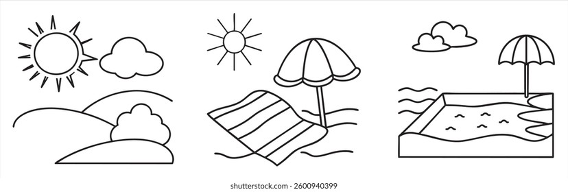 Summer-themed line art featuring sun, clouds, and beach elements.