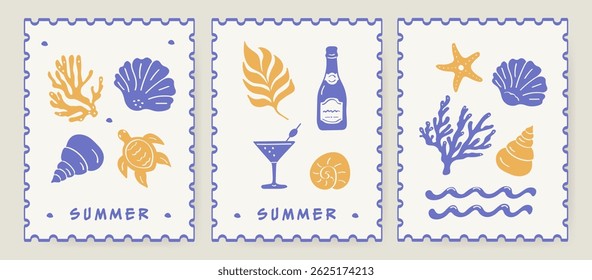 Summer-themed posters or printable wall art set with vector travel postcards in a doodle style: hand-drawn turtle, seashells, starfish, waves, corals, palm leaves, a cocktail, and champagne.