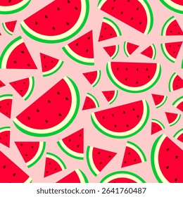 Summer-themed seamless background with vibrant cartoon watermelon slices. Use for home decor, scrapbooking, or sunny branding designs.