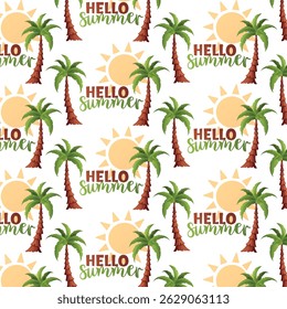 A summer-themed seamless vector pattern with palm trees, sun, and Hello Summer text. Ideal for packaging, backgrounds, fabric, and digital design.
