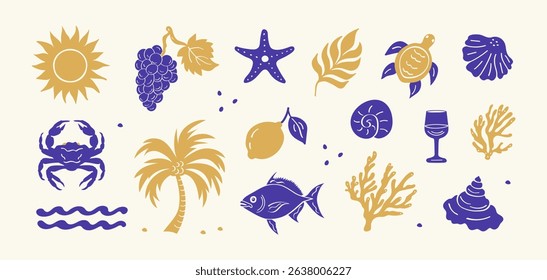A summer-themed set of icons in gold and purple, including a sun, crab, palm tree, grapes, lemon, fish, turtle, shells, coral, wine glass, waves, and leaves on a light background.