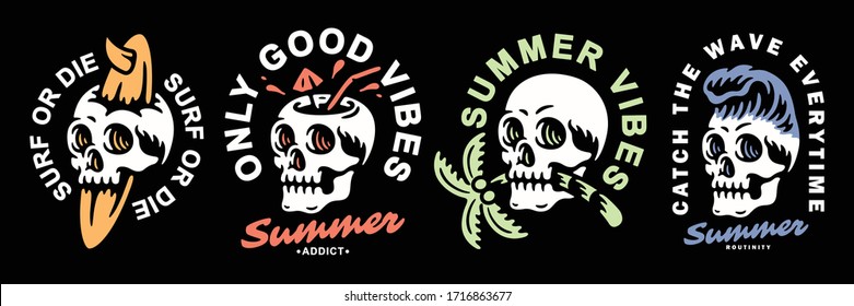 Summer-themed skull set design. For t-shirts, stickers and other similar products.