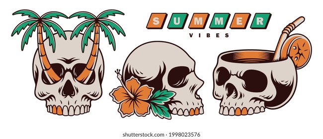 Summer-themed skull set design. For t-shirts, stickers and other similar products.