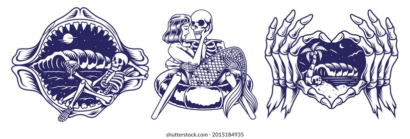 Summer-themed skull set design. For t-shirts, stickers and other similar products.