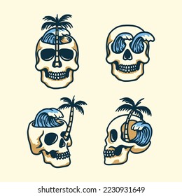 Summer-themed skull set design. For t-shirts, stickers and other similar products.