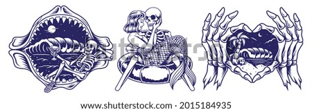 Summer-themed skull set design. For t-shirts, stickers and other similar products.