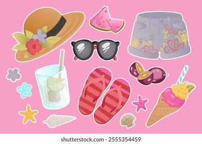 Summer-themed stickers with straw hat, sunglasses, flip-flops, floral shorts, tropical fruits, ice cream, seashells, starfish, and a lime drink. Flat design with on pink background. 