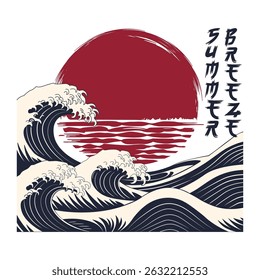 Summer-themed vector graphic for T-shirts, featuring a Japanese great wave, red sun, and stylized "Summer" text in Ukiyo-e style. Ideal for apparel print and vacation designs.