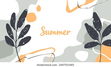 Summertime abstract background with various hand drawn dynamic shapes, black wavy lines and tropical leaves for Summer season creative graphic design. Vector illustration.