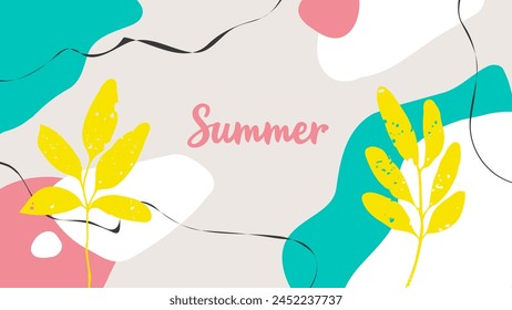 Summertime abstract background with various hand drawn dynamic shapes, black wavy lines and tropical leaves for Summer season creative graphic design. Vector illustration.