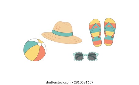 Summertime accessories including a straw hat, colorful striped beach ball, flip-flops, and round sunglasses.