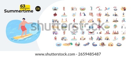 Summertime activities and outdoor fun cartoon flat illustrations mega bundle. Summer lifestyle moments, beach, sports, leisure 2D images isolated on white. Collection vector drawings colorful