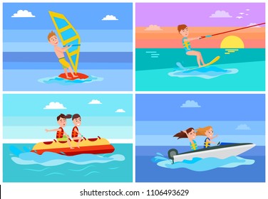 Summertime activities set, windsurfing and banana boat, boating or kitesurfing, boys with girls summer, collection isolated on vector illustration.