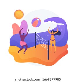 Summertime activities. Summer vacation, seaside relax, outdoor ball games. Suntanned tourists playing beach volleyball. Active rest idea. Vector isolated concept metaphor illustration