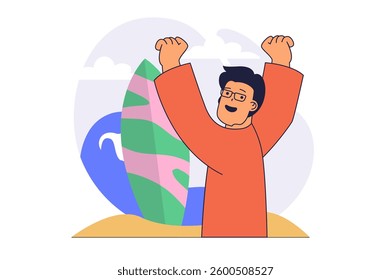 Summertime activity concept with cartoon people in flat design for web. Man with surfboard enjoying surfing and summer outdoor physical training at ocean waves at tropical resort. Vector illustration.