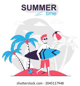 Summertime activity isolated cartoon concept. Man surfer resting on beach on vacation, people scene in flat design. Vector illustration for blogging, website, mobile app, promotional materials.