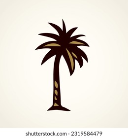 Summertime african rainforest scenic view on white sky backdrop. Freehand outline black ink hand drawn eco floral palmtree logotype emblem in retro art scribble print style pen on paper space for text