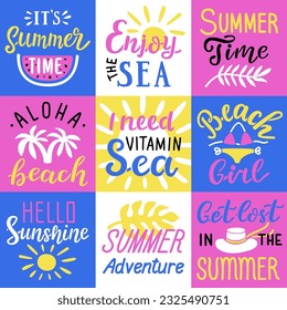 It's summertime, Aloha, Beach girl, Hello sunshine, Summer adventure, I need vitamin sea hand drawn lettering quote card set. Watermelon, leaves, bikini, sun, straw hat, palms flat vector illustration