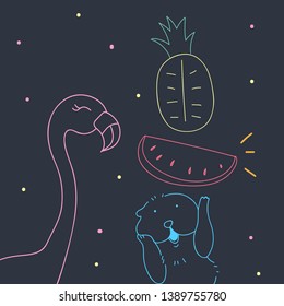 Summertime animal and fruit doodle vector