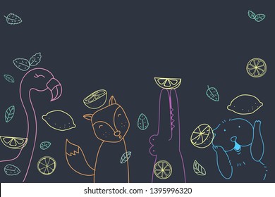 Summertime animal and fruit doodle vector