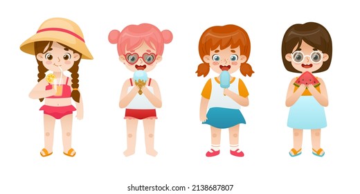 Summertime baby girls set. Girls eating summer food. Collection of adorable kids on vacation.