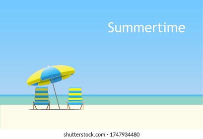 Summertime. Background with 2 sun beds and a beach umbrella. Vector Illustration