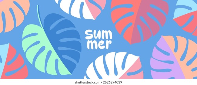 Summertime background with color tropical leaves for Summer season creative graphic design. Vector illustration.	