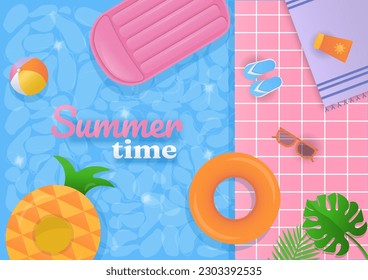 Summertime background. Design with an inflatable swim ring floating in the swimming pool and colorful summer elements. Flat lay style.