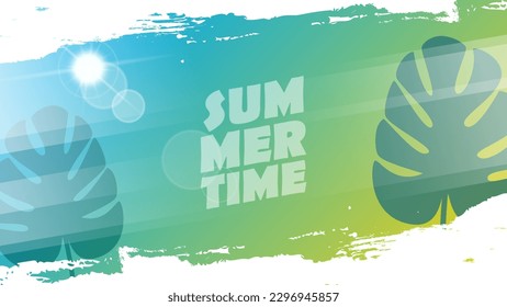 Fondo de verano con letras a mano, sol de verano, hojas tropicales y pinceladas blancas para el diseño gráfico de temporada de verano. Ilustración vectorial.