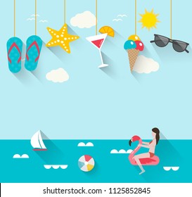 Summertime background with hanging summer icons, sea, woman swimming on flamingo rubber ring, boat, beach ball, vector illustration. 