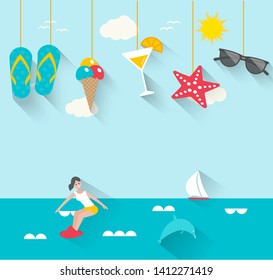 Summertime background with hanging summer icons, sea, female surfer, boat, vector illustration. - Vector