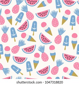 Summertime background. Ice cream. watermelone and pineapple seamless pattern