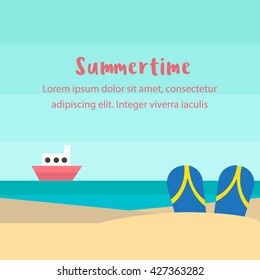 Summertime background with icons, sea, surfer, boat, vector illustration. Travel banner, Traveling poster and brochure, Trip around the world.