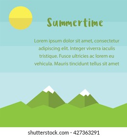 Summertime background with icons, sea, surfer, boat, vector illustration. Travel banner, Traveling poster and brochure, Trip around the world.