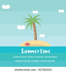 Summertime background with icons, sea, surfer, boat, vector illustration. Travel banner, Traveling poster and brochure, Trip around the world.