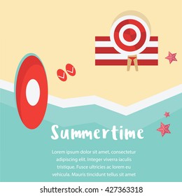 Summertime background with icons, sea, surfer, boat, vector illustration. Travel banner, Traveling poster and brochure, Trip around the world.