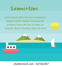 Summertime background with icons, sea, surfer, boat, vector illustration. Travel banner, Traveling poster and brochure, Trip around the world.