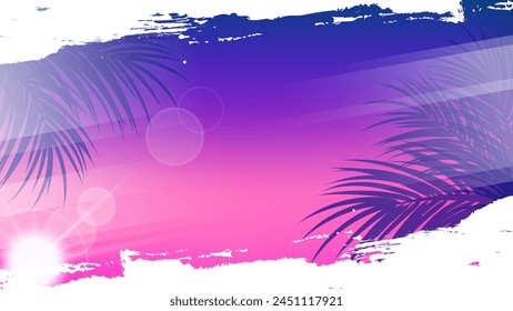 Sommerlicher Hintergrund mit Palmblättern, Sommersonne und weißen Pinselstrichen für Sommersaison kreatives Grafikdesign. Vektorillustration.