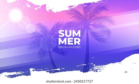 Summertime background with palm trees, summer sun and white brush strokes for creative Summer season graphic design. Vector illustration.