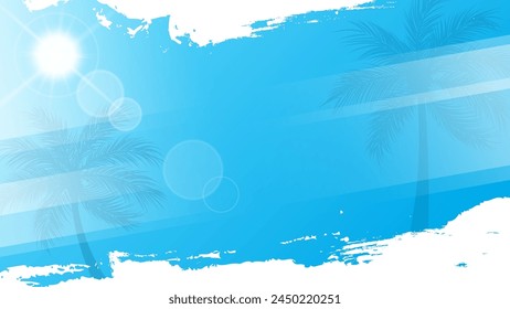 Summertime background with palm trees, summer sun and white brush strokes for creative Summer season graphic design. Blue color. Vector illustration.