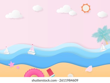 Summertime background. Paper sea waves, beach, sailboat, and clouds on a pink background. Paper art style.