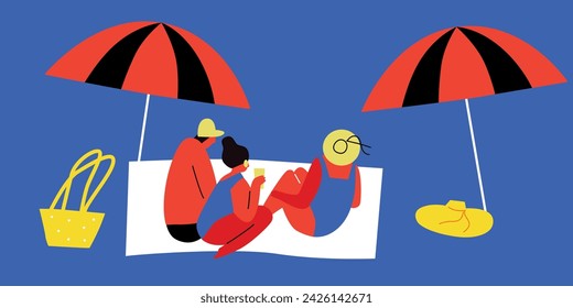 Summertime background with people and beach summer accessories, vector illustration, vector illustration.