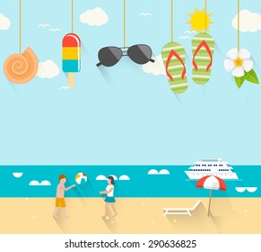 Summertime background with people playing beach ball and hanging summer icons, sea, beach, yacht, vector illustration.