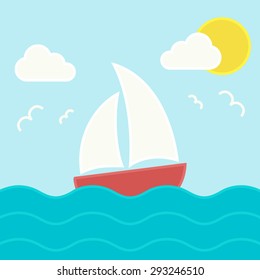 Summertime background with sailboat sailing in the sea.  Vector illustration