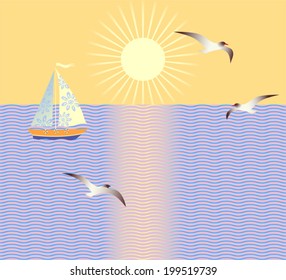 Summertime background. Sea landscape with sailing yacht, shiny sun and flying seagulls. Vector illustration.