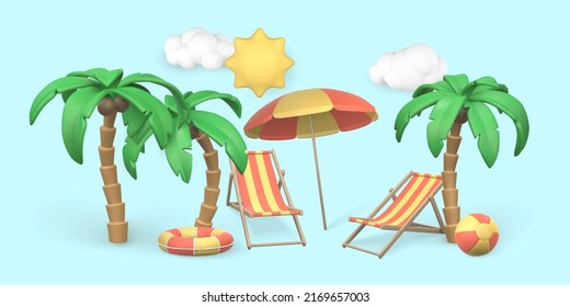 Summertime Background. Summer 3d Realistic Render Vector Objects. Palm Trees,  Striped Beach Chairs,sun Cloud, Swim Ball And Ring. Vector Illustration.